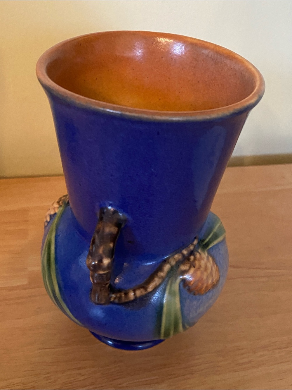 Vintage Blue Roseville Vase with Pinecone Accents 839-6 - Picture 5 of 16